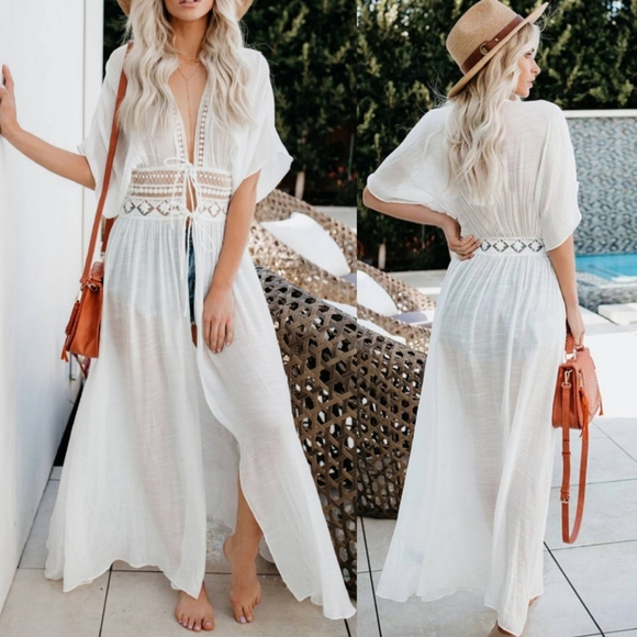 1 left! New Boho Crochet Lace Kimono Swim Cover Up - Picture 2 of 12